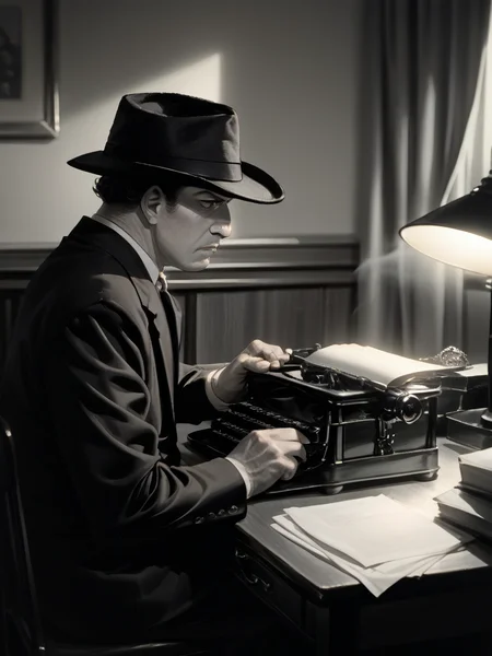 score_9, score_8_up, score_7_up, source_anime, BREAK
1boy, A detective, sitting, desk, typing, typewriter, Hat. Mood Lighting, Monochrome, Smoky, Desk Lamp