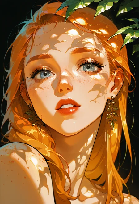dappled sunlight, shadow, 1girl, solo, freckles, jewelry, earrings, grey eyes, lips, ginger hair, parted lips, sunlight, red lips, shade, looking at viewer, leaf, eyelashes, long hair, portrait, black background