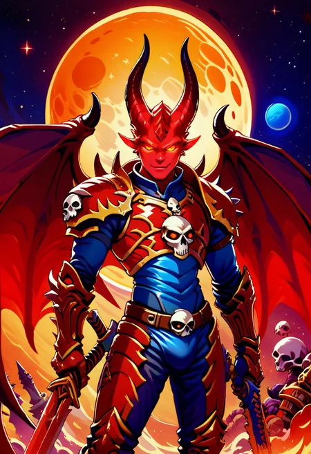 score_9, score_8_up, score_8,
Khrn, solo, 1boy, weapon, male focus, wings, horns, belt, sword, armor, spikes, demon, skulls, demon, space background, planet, sun, red theme, shoulder armor, gauntlets, glowing eyes, pauldrons, full armor,
