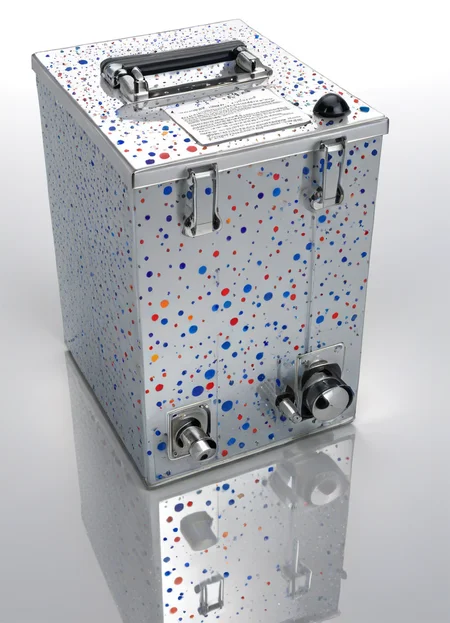 advertising for a (blngvsl) item presented on a shiny and reflective surface,Abstract, dots, 
 <lora:British_Army_Boiling_Vessel_SDXL:1> <lora:artfullyQUILLED_SDXL_V1:0.7>
