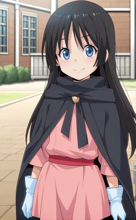 masterpiece, best quality, highres, newest, 1girl, solo, official style, anime screencap, <lora:IL_Chloe_Aubert:1>, chloeaubert, long black hair, blue eyes, black cape, pink dress, red belt, white gloves, looking at viewer, smile, outdoor, cowboy shot