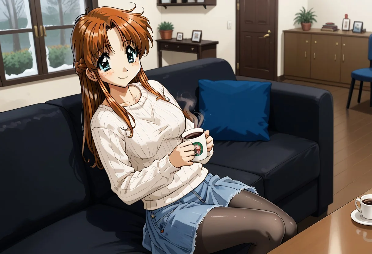 detailed background, shiny skin, rating safe, <lora:komirin.pony:1.0>, komirin, seina, looking at viewer, smile, medium breasts, white sweater, long sleeves, denim skirt, black pantyhose, sitting, on couch, living room, drinking coffee, glass door