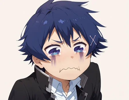 score_9, score_8_up, score_7_up, ichijou raku, aquacrying, wavy mouth, closed mouth, tearing up, <lora:concept_aquacrying_ponyXL:1> <lora:Degen-ichijou_raku_PDXL:0.9>, school uniform, black jacket, simple background, white background, blue hair, runny makeup, hair ornament,