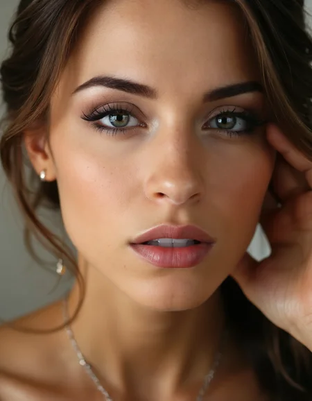 A close-up of the woman's face, eyes locked in a intimate gaze.
Camera Angle: Straight-on shot from directly in front of the subject, emphasizing her emotional connection.
Lighting: Soft, warm light casting gentle shadows on her cheekbones.
Composition: Leading lines created by the curves of her face and lips, drawing the viewer's eye towards her mouth.
Pose: The woman's head is tilted slightly to one side, her ear leaning in as if sharing a secret.
Visual Elements:
- A delicate silver necklace glinting in the soft light.
- A hint of makeup on her eyelids, emphasizing her eyes.
- Soft focus blur around the edges of the frame, creating a sense of intimacy.