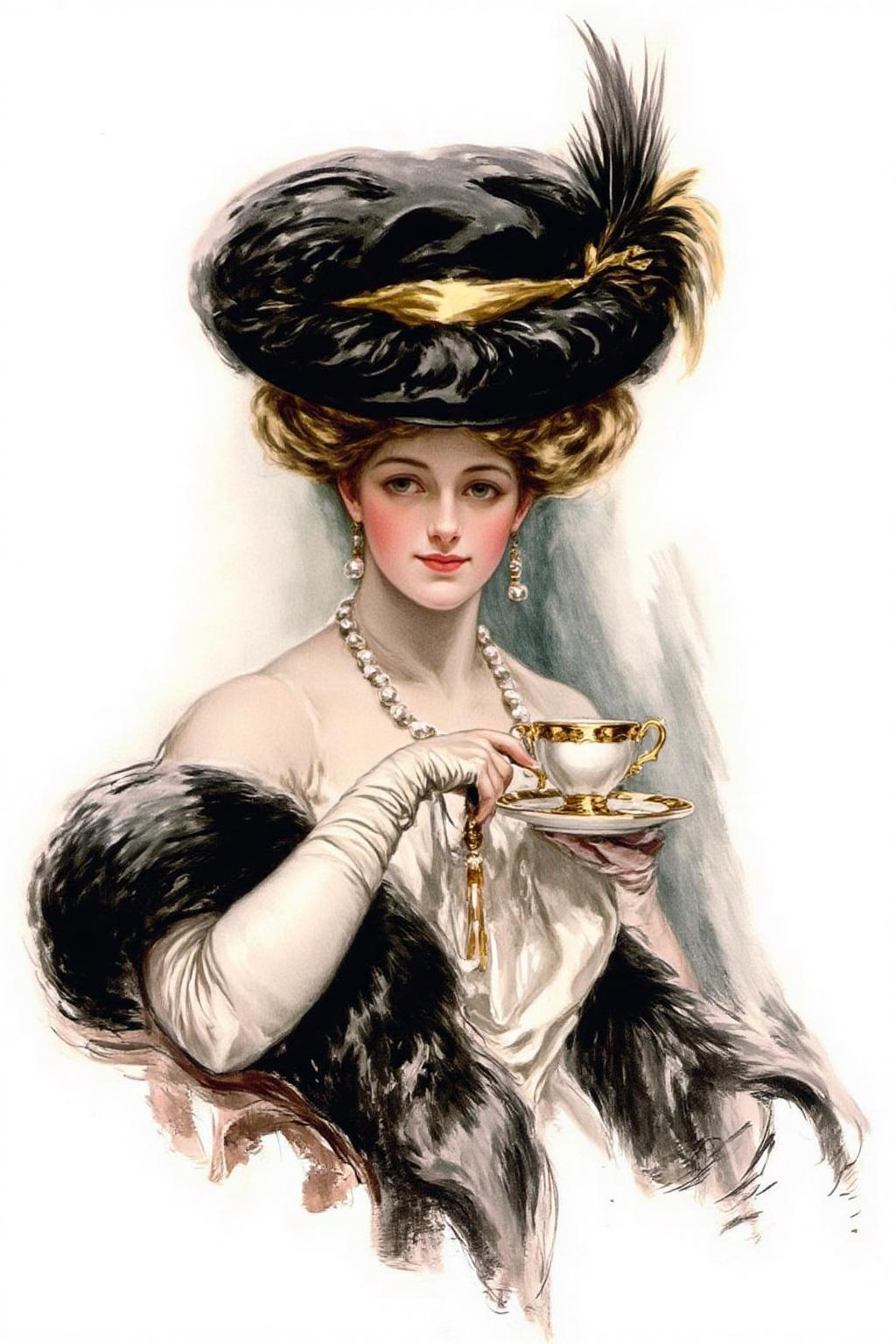 hafisher1 illustration. 
A woman from the late 19th century. She is holding a delicate teacup and saucer, suggesting an elegant and refined setting. She has wavy, blonde hair styled in an elaborate updo adorned with a black, wide-brimmed hat with a yellow band and a large, dark feather extending from the side, adding a touch of opulence.
 <lora:hafisher1_cap_d6a3e12:1.0><lora:829845698288806909:0>