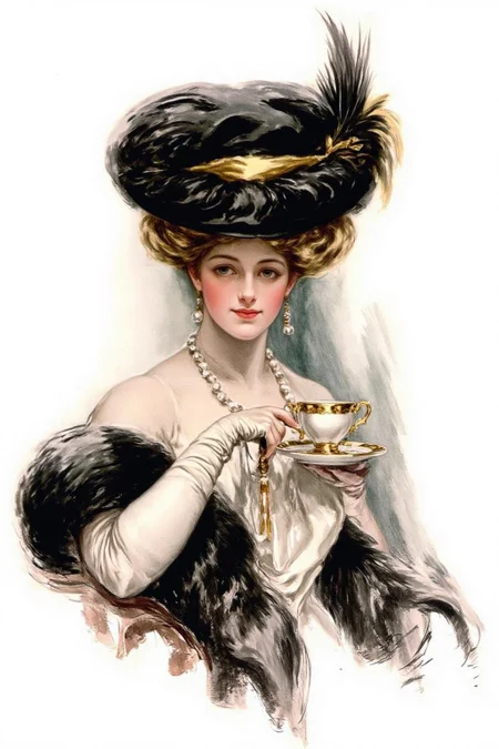 hafisher1 illustration.
A woman from the late 19th century. She is holding a delicate teacup and saucer, suggesting an elegant and refined setting. She has wavy, blonde hair styled in an elaborate updo adorned with a black, wide-brimmed hat with a yellow band and a large, dark feather extending from the side, adding a touch of opulence.
<lora:hafisher1_cap_d6a3e12:1.0><lora:829845698288806909:0>