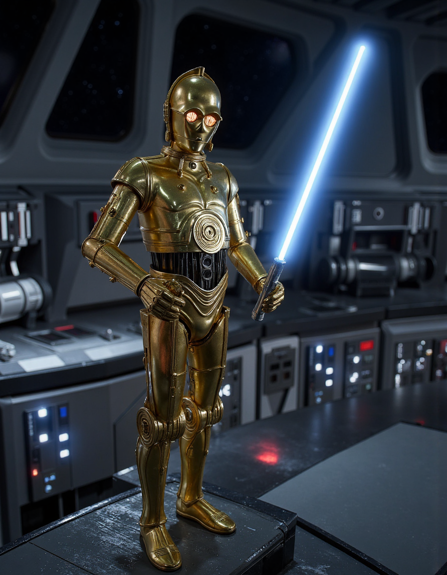 realistic photo of c3po robot holding a lighsaber standing on the be bridge of a star destroyer, sharp focus, highly detailed, photoshoot, cinematic, star wars style, <lora:C3PO:1> <lora:Imperial_Star_Destroyer_Main_Bridge_Flux:1>