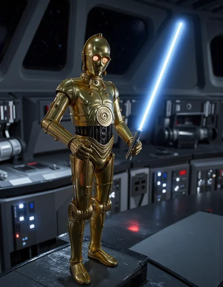 realistic photo of c3po robot holding a lighsaber standing on the be bridge of a star destroyer, sharp focus, highly detailed, photoshoot, cinematic, star wars style, <lora:C3PO:1> <lora:Imperial_Star_Destroyer_Main_Bridge_Flux:1>