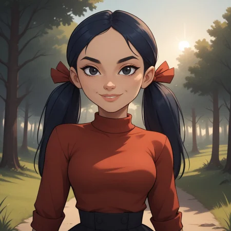 score_9, score_8, BREAK, solo, red sweater, 1girl, white undershirt, black skirt, navy blue hair, black eyes, lips, twintails, breasts, total drama, Kitty_(\Total_Drama\), tdtrr, cute, sexy pose, smile, outdoors, sunlight, shadows, evening lighting, natural lighting, forest, trees, grass, orange sky, sunset
