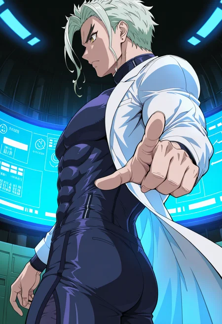 masterpiece, best quality, newest, absurdres, highres, very detailed,
muscular male, 
 lab coat, open white coat, from side, twisted torso, pointing toward viewer, foreshortening, datacenter, lab backgrond, serious, dynamic angle, cowboy shot,<lora:[Char - IL] Tenjou Tenge - Mitsuomi Takayanagi (v1-R2-E16):0.8> mitsuomi_takayanagi, bodysuit, YELLOW eyes, WHITE hair,