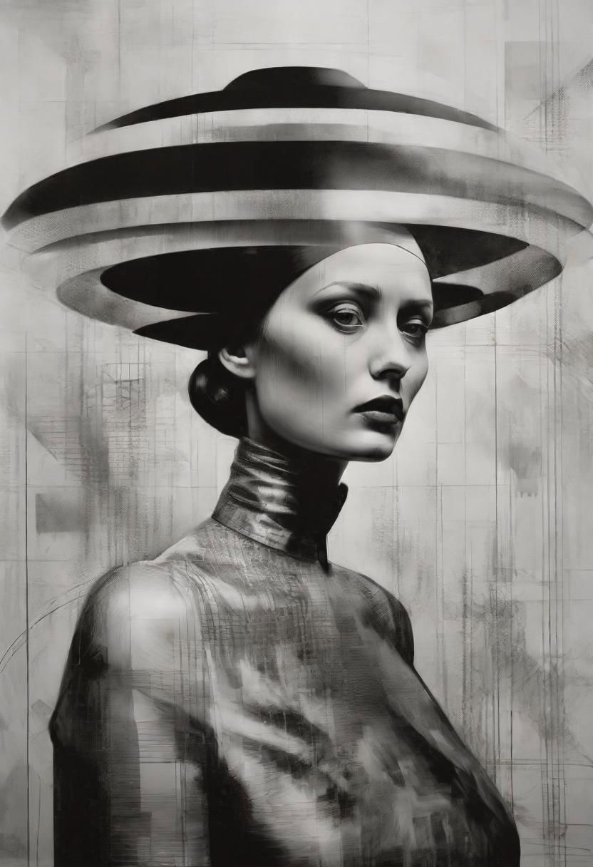 Monochrome black and white, Dali, Magritte, Delvaux, Bellmer, Malevitch, Rodchenko, Mondrian, Kandinsky, Popovna, psychedelic hallucination, pop surrealism, rough crosshatch drawing pop art Lunatic_Portrait of a young woman in latex Avant-garde Fashion page, slick back, low bun, black makeup, sinister expression, intense glare, avant-garde, abstract, weird, geometric, constructivism, suprematism, rayonism, verticism, lineism, tj