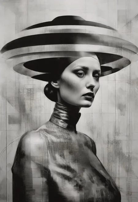 Monochrome black and white, Dali, Magritte, Delvaux, Bellmer, Malevitch, Rodchenko, Mondrian, Kandinsky, Popovna, psychedelic hallucination, pop surrealism, rough crosshatch drawing pop art Lunatic_Portrait of a young woman in latex Avant-garde Fashion page, slick back, low bun, black makeup, sinister expression, intense glare, avant-garde, abstract, weird, geometric, constructivism, suprematism, rayonism, verticism, lineism, tj