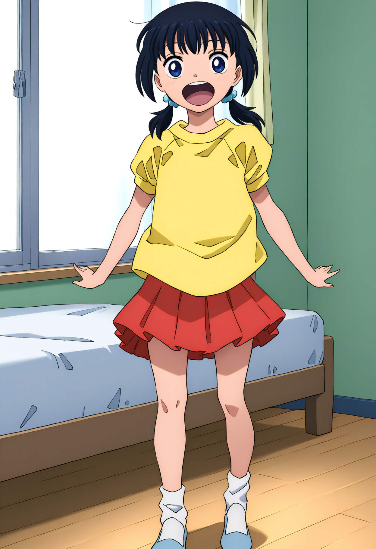 best hands, <lora:sakamoto_oyako_IL1.1:1> looking at viewer,
sakamoto_oyako, anime_style, hana, 1girl, solo, daughter, short hair, black hair, short low twintails,
short sleeves, pleated red skirt, white socks, yellow shirt, 
BREAK indoors, bedroom, bed, window,