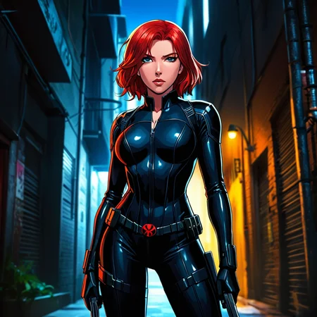 anime artwork of <lora:Hand pony style v1:0.9>
red hair woman in a black widow suit standing in a dark alley, anime style, key visual, vibrant, studio anime, highly detailed