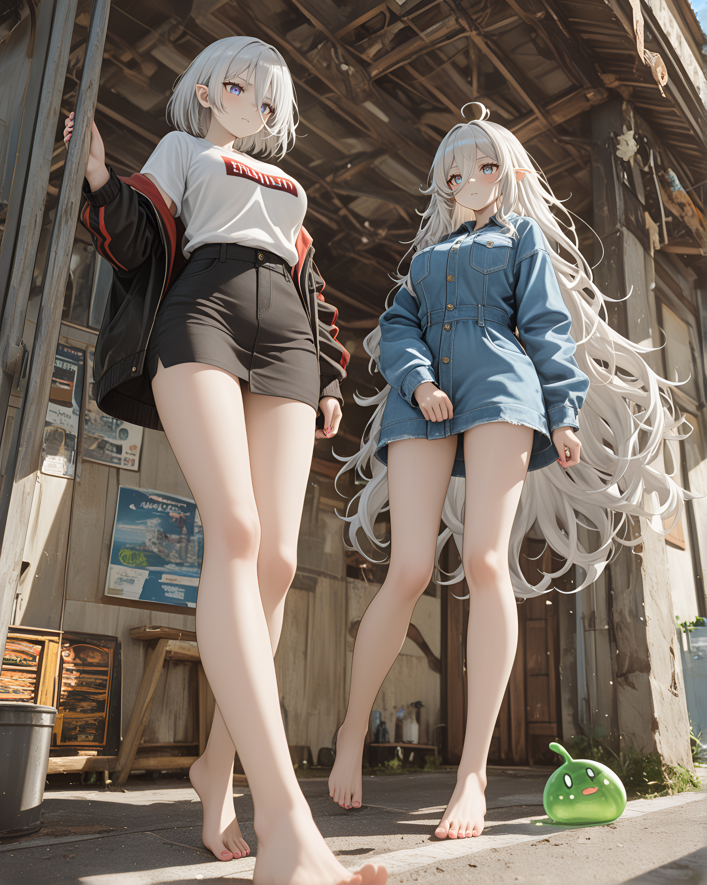 medium breasts, nail_polish, slime_(creature), pale skin, escher-style geometry, modern suburban house exterior, masterpiece, perceived status communication, ambient occlusion, property boundary demarcation, Beige Theme, pointed_ears, ephemeral, newest, barefoot, residential standardization, anime character, very aesthetic, best quality, Standing with arms swinging naturally, RTX, Low angle view, Tirpitz (Azur Lane), ray_tracing, motion_blur:1.1, amazing quality, architectural trend conformity, motion_lines:1.1, depth of field, Wavy hair, Divine Light / Holy Radiance, homeowner association compliance, Skater skirt with a graphic tee and a denim jacket., 8K, spring, Balayage hair, absolutely eye-catching, slime, garage prominence design, 2girls, street presentation priorities, very long hair, plus-size, minimal outdoor integration, ultra-detailed, absurdres