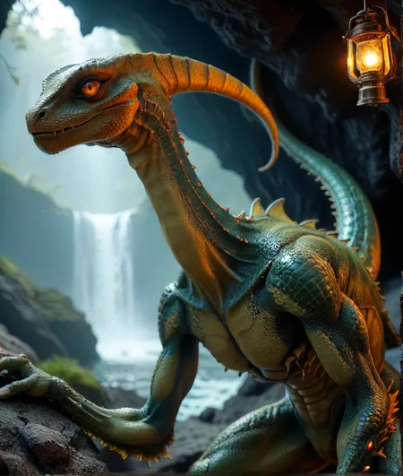 shiny skin, high quality, cel shading, reptoid with a grudge green-skin, lizard tail, dark cave lit only by lantern, realistic shadows, smooth skin, dynamic action shot, glowing, no humans, EZRealPONYXL \(artist\), tail, slit pupils, black background, blue eyes, red eyes, monster focus,
View from the side. A large green-skinned monster with a long tail and big yellow-orange eyes is standing in front of a dark cave entrance. The creature has a very wide body with a large head and a long neck. Its legs are thick and muscular and it has sharp claws on its hands.
score_9, score_8_up, score_7_up, score_6_up
<lora:Creat0r_MagicDetailzV2_FIX:1>