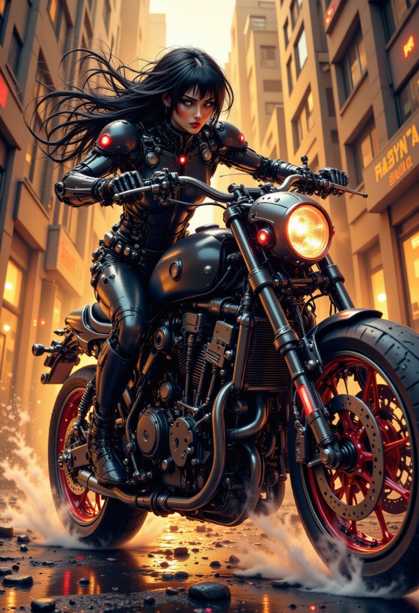 nistyle, a_skynet_cyberdyne_craft, the image is featuring a Japanese goth woman (leather jacket, leather trousers, long flowing hair, dark eyeshadow, red lips) riding a Cyberdyne superbike with a skull mounted on the handlebars, adorned with intricate, metallic details, including bolts, wires, and mechanical components, giving it a highly advanced, industrial military look, red lights and diodes.  He is riding at extreme speed down a narrow cyberpunk alleyway, extreme motion blur on the background and wheels emphasising the extreme speed, sunset, chiascuro