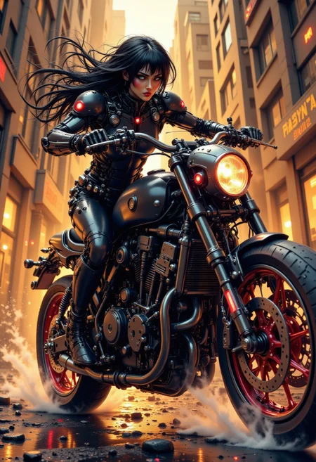 nistyle, a_skynet_cyberdyne_craft, the image is featuring a Japanese goth woman (leather jacket, leather trousers, long flowing hair, dark eyeshadow, red lips) riding a Cyberdyne superbike with a skull mounted on the handlebars, adorned with intricate, metallic details, including bolts, wires, and mechanical components, giving it a highly advanced, industrial military look, red lights and diodes.  He is riding at extreme speed down a narrow cyberpunk alleyway, extreme motion blur on the background and wheels emphasising the extreme speed, sunset, chiascuro