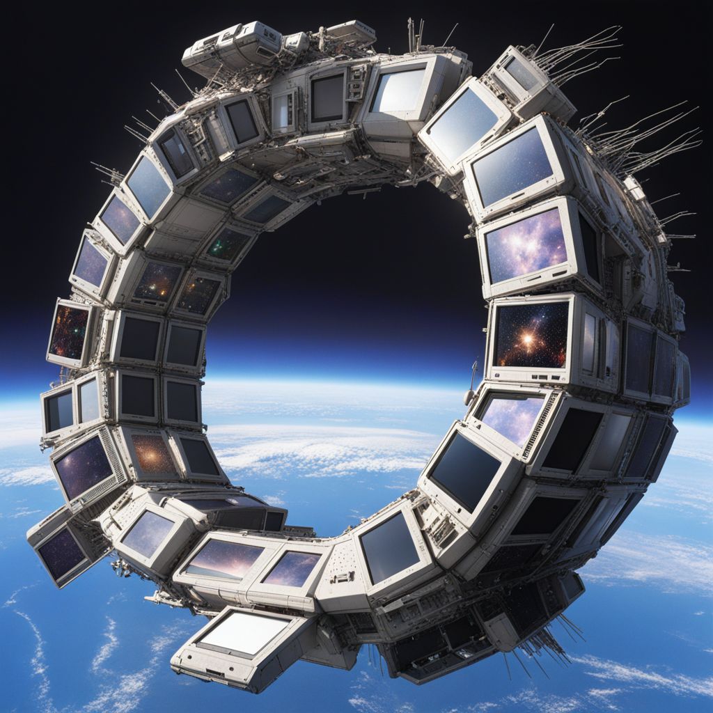 A photo a spaceship made out of old CRT screens orbiting earth in space <lora:Made_out_of_old_CRT_screens_-_SDXL_LoRA:0.8>
