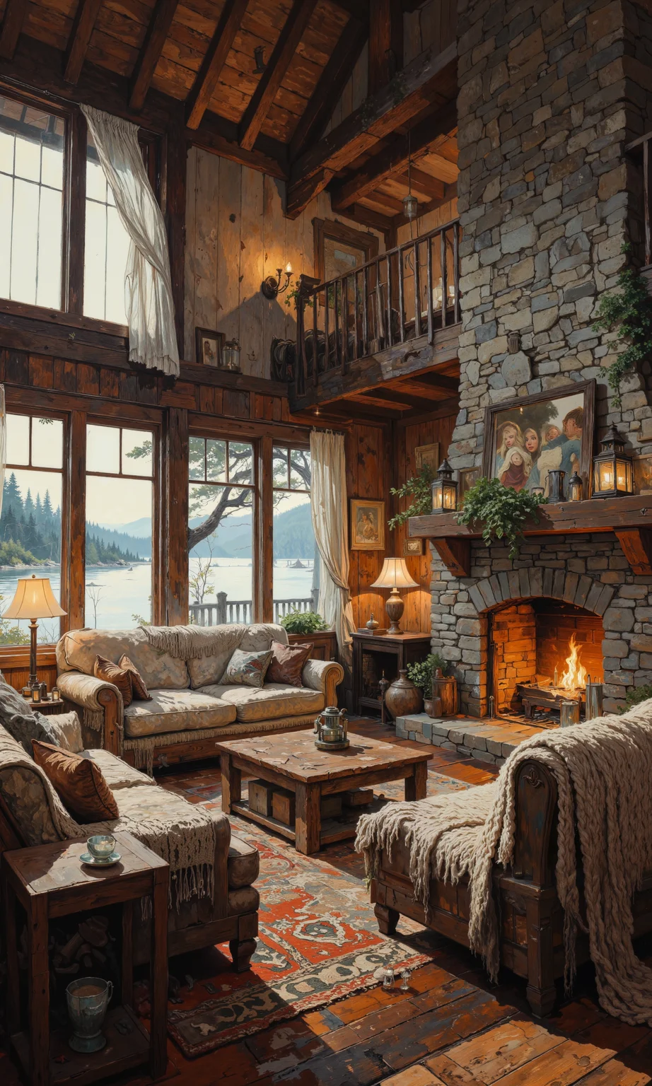 A serene and inviting lakeside cabin interior, showcasing warm wooden textures and an abundance of cozy elements. The spacious living area features plush sofas draped with soft knitted blankets and decorative cushions, all arranged around a rustic coffee table made from reclaimed wood. Large windows allow natural light to flood the space, highlighting the intricate details of the stone fireplace, its mantel adorned with vintage lanterns and fresh greenery. A subtle color palette of earthy browns, serene blues, and soft greys fosters a tranquil atmosphere. The cabin's wooden beams and paneled walls enhance its cozy, intimate vibe. Ambient elements include the gentle crackling of a fire and the soothing sound of water lapping against the lake shore. Masterful lighting design emphasizes the room's textures, with artfully placed lamps casting a warm glow and enhancing the sense of welcome and comfort. <lora:FLUX-daubrez-DB4RZ:0.8> <lora:Semi-realisticPortraitPainting:0.4> <lora:reedy-art-style:0.4> <lora:Liquid_Clothes_v2:0.3> <lora:sxz-Dark-Fantasy-v2-Flux:0.5> <lora:flux_dev:1>