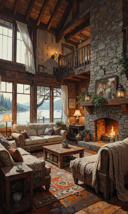 A serene and inviting lakeside cabin interior, showcasing warm wooden textures and an abundance of cozy elements. The spacious living area features plush sofas draped with soft knitted blankets and decorative cushions, all arranged around a rustic coffee table made from reclaimed wood. Large windows allow natural light to flood the space, highlighting the intricate details of the stone fireplace, its mantel adorned with vintage lanterns and fresh greenery. A subtle color palette of earthy browns, serene blues, and soft greys fosters a tranquil atmosphere. The cabin's wooden beams and paneled walls enhance its cozy, intimate vibe. Ambient elements include the gentle crackling of a fire and the soothing sound of water lapping against the lake shore. Masterful lighting design emphasizes the room's textures, with artfully placed lamps casting a warm glow and enhancing the sense of welcome and comfort. <lora:FLUX-daubrez-DB4RZ:0.8> <lora:Semi-realisticPortraitPainting:0.4> <lora:reedy-art-style:0.4> <lora:Liquid_Clothes_v2:0.3> <lora:sxz-Dark-Fantasy-v2-Flux:0.5> <lora:flux_dev:1>