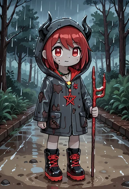 score_9, score_8_up, score_7_up, BREAK
highres, highly detailed, high resolution, high quality,
source_anime, anime screencap, saturation, vivid colors,
1girl, solo, luce, full body, standing, demon girl,
(dark red hair:1.2), (big dark red eyes:1.1), medium hair, cute, (grey skin:1.1), (horns:1.2),
(long black raincoat:1.1), dirty black rubber boots,
pentagram necklace, holding red trident,
cute, bokeh,
blurry background, forest background, path, rain,
stkyswt, outline
