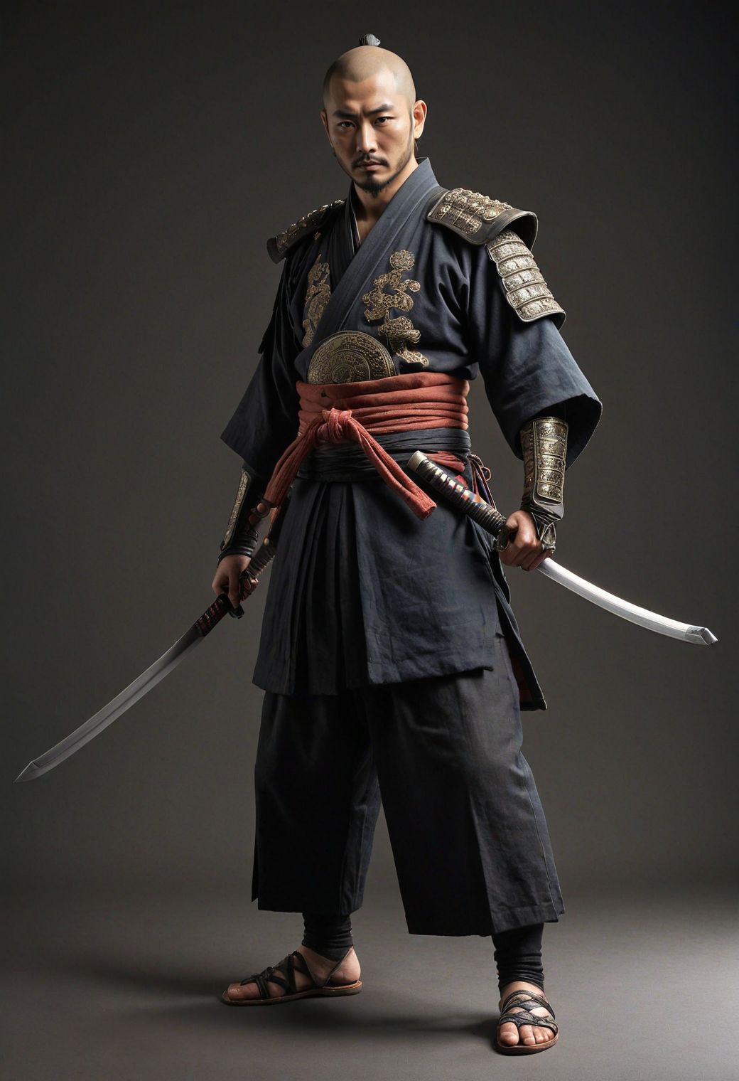 old japanese ronnin, medieval samourai ronnin with  katana, 1man standing, (full body:1.5), hero pose,exaggerated proportions, intricate character design, sense of nostalgia, exaggerated features, memorable look, consistent, coherent, captivating, (clear eyes:1.2), (highly detailled eyes:1.2), highly detailled hands, detailled floor, textured socle, dusty ground, intricate shoes, master piece, intricate, master piece, intricate, (simple background, black background:1.5), rim lighting, dimlight,"detailed skin texture, highly detailled fabrics, precise linen, precise bump textures, absurd res textures, high glossy, perfect reflection, intricate surfaces, subsurface scattering, ambiant occlusion, subtle scratchs, imperfections, soft shadow, insane detail, detailled stitches and sews, intricate leather"