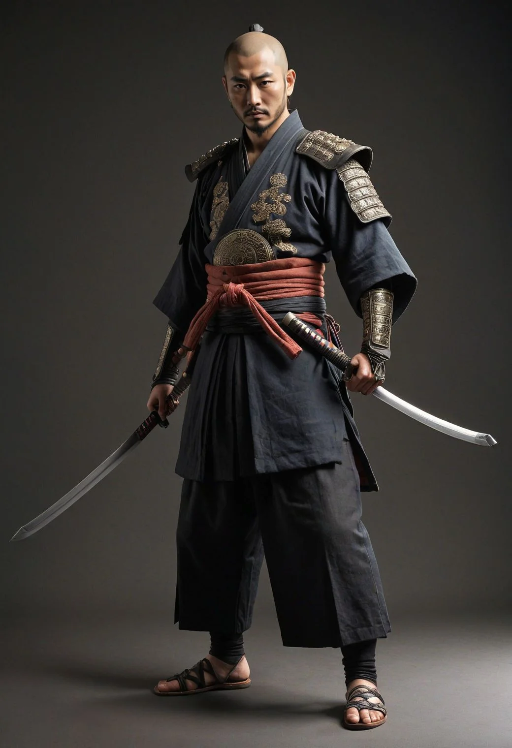 old japanese ronnin, medieval samourai ronnin with katana, 1man standing, (full body:1.5), hero pose,exaggerated proportions, intricate character design, sense of nostalgia, exaggerated features, memorable look, consistent, coherent, captivating, (clear eyes:1.2), (highly detailled eyes:1.2), highly detailled hands, detailled floor, textured socle, dusty ground, intricate shoes, master piece, intricate, master piece, intricate, (simple background, black background:1.5), rim lighting, dimlight,"detailed skin texture, highly detailled fabrics, precise linen, precise bump textures, absurd res textures, high glossy, perfect reflection, intricate surfaces, subsurface scattering, ambiant occlusion, subtle scratchs, imperfections, soft shadow, insane detail, detailled stitches and sews, intricate leather"