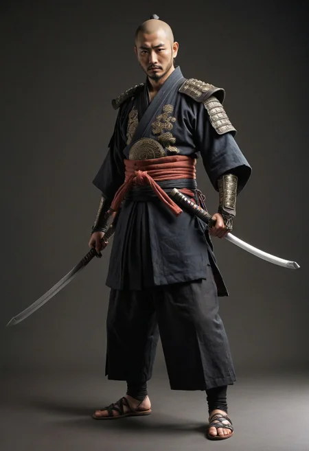 old japanese ronnin, medieval samourai ronnin with katana, 1man standing, (full body:1.5), hero pose,exaggerated proportions, intricate character design, sense of nostalgia, exaggerated features, memorable look, consistent, coherent, captivating, (clear eyes:1.2), (highly detailled eyes:1.2), highly detailled hands, detailled floor, textured socle, dusty ground, intricate shoes, master piece, intricate, master piece, intricate, (simple background, black background:1.5), rim lighting, dimlight,"detailed skin texture, highly detailled fabrics, precise linen, precise bump textures, absurd res textures, high glossy, perfect reflection, intricate surfaces, subsurface scattering, ambiant occlusion, subtle scratchs, imperfections, soft shadow, insane detail, detailled stitches and sews, intricate leather"