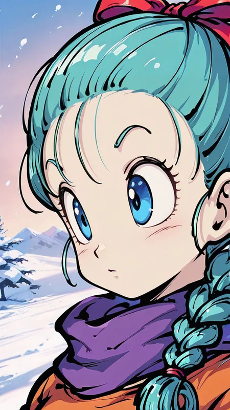 ,masterpiece,best quality,newest, <lora:Bulma_IL:0.7> bulma, dragon ball \(classic\), teenage, blue eyes, hair pulled back, aqua hair, hair ribbon, braid, single braid, 1girl, solo, outdoors, snow <lora:Tokiame_Style_Illustrious_V1:1.0> tokiame, eye focus