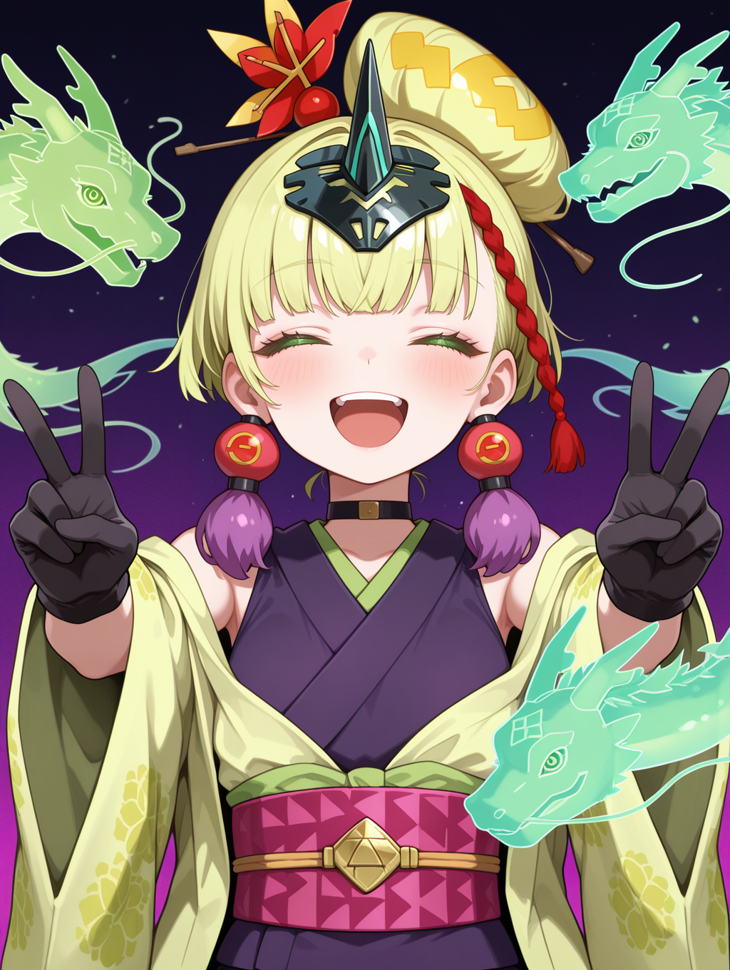 no-p.u.n.k. deer note,1girl,solo,open mouth,smile,looking at viewer,teeth,:d,upper body,blush,red hair ornament,purple tassel earrings,black choker,black gloves,black horn headpiece,green haori,purple sleeveless kimono,pink sash,ringed eyes,off shoulder,outstretched arms,double v,closed eyes,green hologram east dragon,
masterpiece,best quality,amazing quality,very aesthetic,absurdres,newest,<lora:No-P.U.N.K. Deer Note illusXL v1:0.75>,
