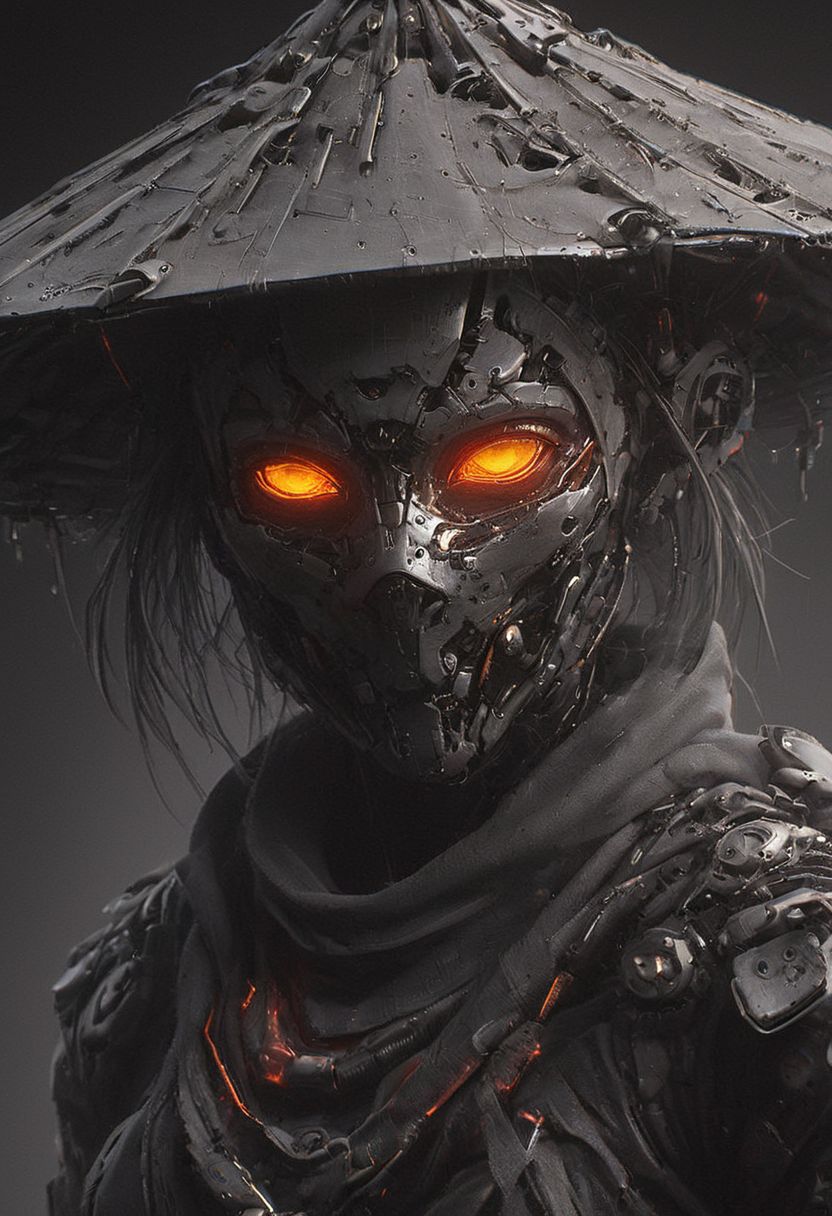 Red and Grey color graded glamour portrait photo of an Cyborg Samurai, macro, a captivating vibrant dark translucent amber capturing the essence of a cyborg Bedouin sorcerer in fight stance, defying expectations by conjuring a whimsical robot 'freak' from an oversized sedge hat. ethereal, smoky backdrop. throwing a translucent orange/tanslucent purple/black, weapon, katana, holding katana, atmospheric haze, Film grain, cinematic film still, shallow depth of field, highly detailed, high budget, cinemascope, moody, epic, OverallDetail, gorgeous, 2000s vintage RAW photo, photorealistic, candid camera, color graded cinematic, eye catchlights, atmospheric lighting, skin pores, imperfections, natural, shallow dof