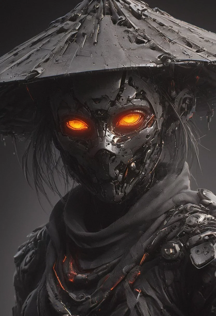 Red and Grey color graded glamour portrait photo of an Cyborg Samurai, macro, a captivating vibrant dark translucent amber capturing the essence of a cyborg Bedouin sorcerer in fight stance, defying expectations by conjuring a whimsical robot 'freak' from an oversized sedge hat. ethereal, smoky backdrop. throwing a translucent orange/tanslucent purple/black, weapon, katana, holding katana, atmospheric haze, Film grain, cinematic film still, shallow depth of field, highly detailed, high budget, cinemascope, moody, epic, OverallDetail, gorgeous, 2000s vintage RAW photo, photorealistic, candid camera, color graded cinematic, eye catchlights, atmospheric lighting, skin pores, imperfections, natural, shallow dof