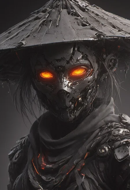 Red and Grey color graded glamour portrait photo of an Cyborg Samurai, macro, a captivating vibrant dark translucent amber capturing the essence of a cyborg Bedouin sorcerer in fight stance, defying expectations by conjuring a whimsical robot 'freak' from an oversized sedge hat. ethereal, smoky backdrop. throwing a translucent orange/tanslucent purple/black, weapon, katana, holding katana, atmospheric haze, Film grain, cinematic film still, shallow depth of field, highly detailed, high budget, cinemascope, moody, epic, OverallDetail, gorgeous, 2000s vintage RAW photo, photorealistic, candid camera, color graded cinematic, eye catchlights, atmospheric lighting, skin pores, imperfections, natural, shallow dof