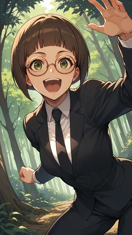 score_9,score_8_up,score_7_up,score_6_up, source_anime, girl, head down, dynamic pose, <lora:Chosaka - Pony-000004:0.9>, short hair, dark brown hair, bob cut, green eyes, round glasses, black suit, black necktie, white collared shirt, forest, nature, happy,