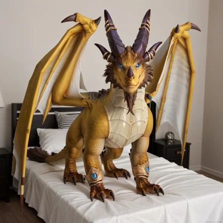 score_9, score_8_up, score_7_up, score_6_up, score_5_up, score_4_up, masterpiece, high quality, realistic, detailed, best quality, white bed, solo, rating_safe, source_furry, bedroom, smiling, standing next to bed, white bed, looking at viewer, full body, nozdormu_wc, dragon, yellow scales, wings, horns, tail, tail end, claws, male, 1boy, blue sclera, black pupils, chest fins, feral