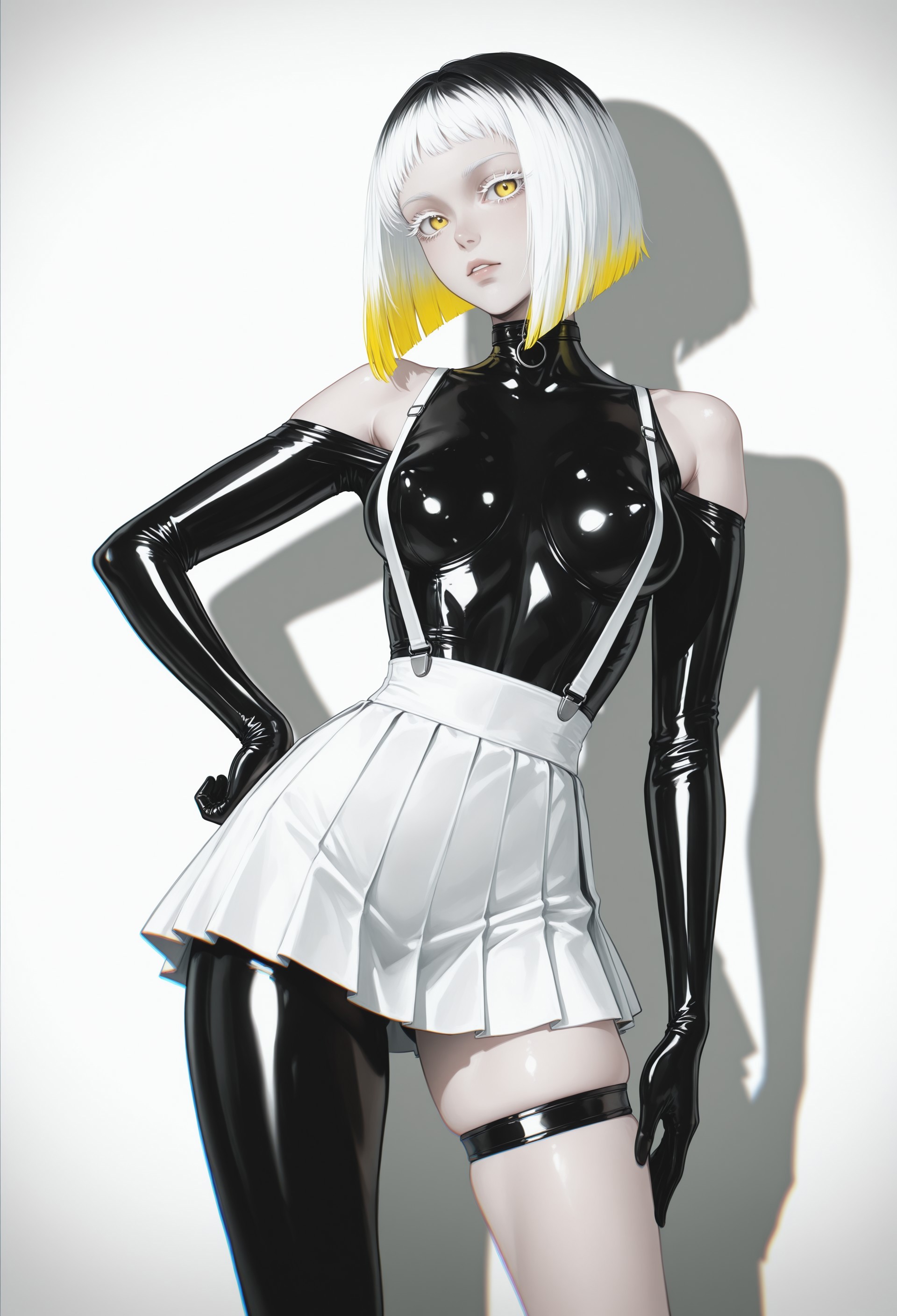 (fov_ps), muted_color, limited_palette, shadow, (chromatic aberration:1.7),  
BREAK, 
1girl, solo, (dynamic pose:1.5), expressionless, at viewer, hand on hip, facing to the side, straight-on, finger on lip, 
BREAK, 
choker, latex crop top, bare shoulder, latex gloves, suspender under clothes, white skirt, single_thigh_strap, 

 perky breasts, medium breasts, petite, 

(skindentation:1.5, skin tight), (aged up:1.3), two-tone hair, white hair, short hair, short bangs, inverted_bob, forehead, blunt ends, yellow_colored tips, skinny, (white_long_eyelash), yellow eyes, 
BREAK,
lazypos, masterpiece, very aesthetic, best quality, incredibly_absurdres, absurdres, highres,