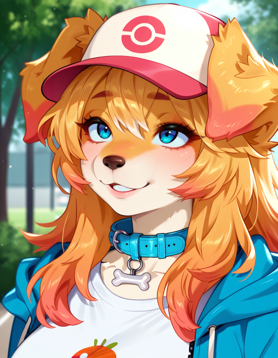 masterpiece, best quality, very aesthetic, absurdres,
outdoors,
upper body,  body, standing, posing, 
seductive smile, parted lips, long eyelashes,
<lora:Blue_v01_NAIXL:1>
81u3,1girl,solo,furry,furry female,dog girl,dog ears,long hair,blonde hair,multicolored hair,orange hair,baseball cap,blue eyes,snout,animal nose,collar,body fur,two-tone fur,dog ears,