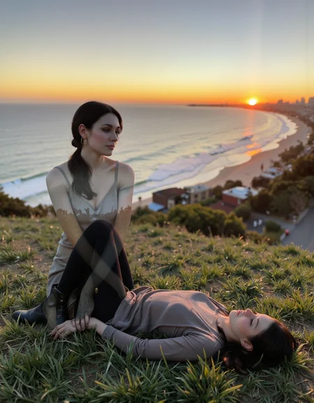 By Ibai Acevedo. A photorealistic double exposure shot from a side camera angle of a serene scene with a woman lying on a grassy hill overlooking the ocean at sunset. The double exposure shows the same woman, long black hair, sitting on the grass. The lying down shot is sharp, while the sitting down shot appears ghostly and surreal. She is wearing a light colored sheer top and black leggings, along with black boots. Her hair is tied back in a ponytail, and she is in a relaxed pose with her legs slightly bent at the knees, her arms resting on the ground. In the lying down shot, the woman has her eyes closed and a peaceful expression on her face. In the ghostly sitting shot, the woman has her eyes open and her head slightly turned towards the viewer. She appears to be in her early twenties, with brown hair and a slim body. The background features a beautiful sunset over the ocean, with a distant city skyline in the distance. The image has a soft, dreamy quality with a shallow depth of field, capturing the serene atmosphere of the scene.
