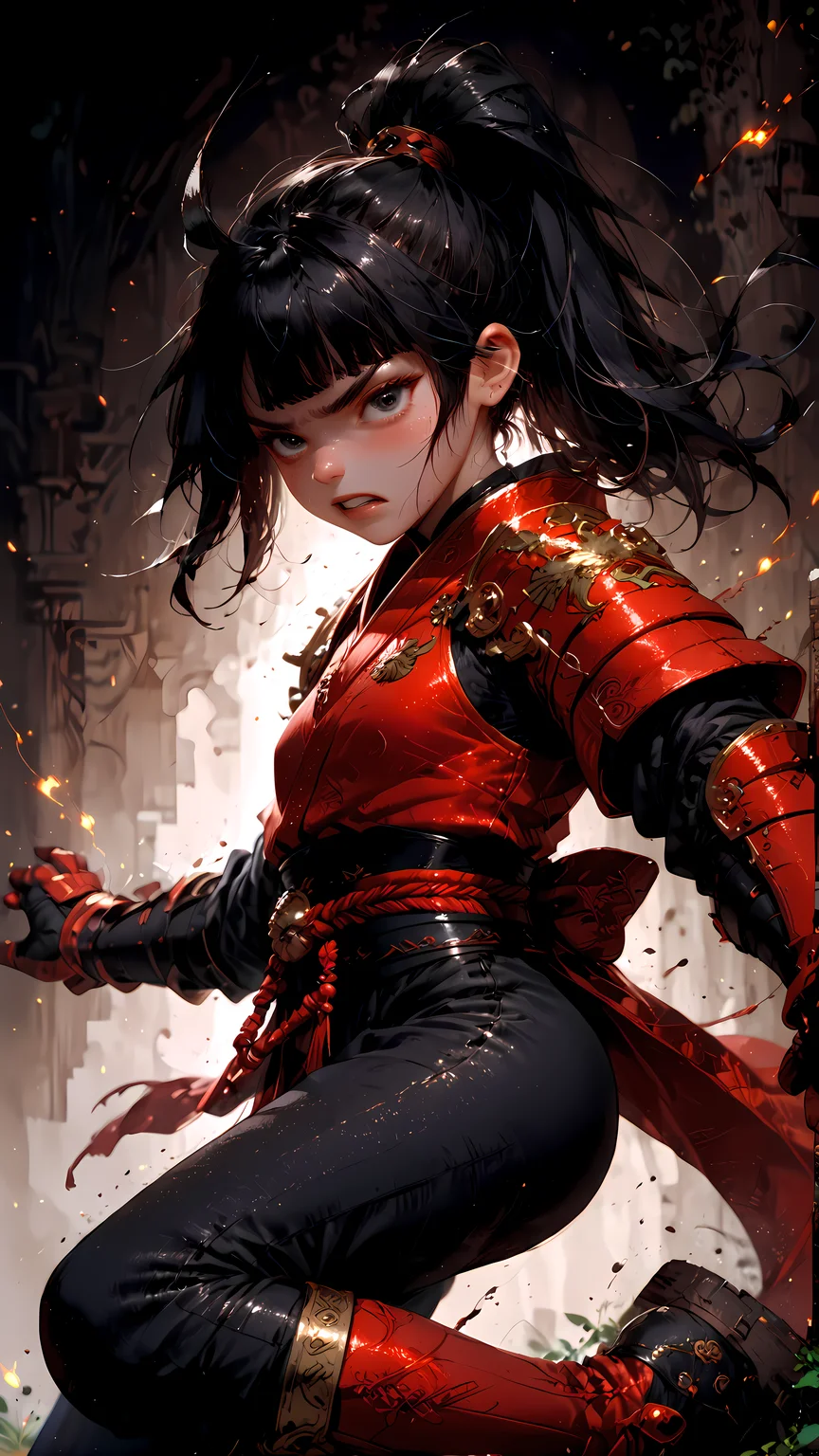 score_9, score_8_up, score_7_up, rating_safe,
1girl, solo, small breasts, black hair, samurai armor, black and red armor, glowing yellow stitching, ponytail trailing behind, outstretched arms, running, view from side, thigh boots, jumping bush, surprised face, leather pants,( looking at viewer:1.2), blush, constricted eyes, black eyes,  disgusted face, fixing hair, 
glowing embers, fire embers, 
<lora:Expressive_H:1> <lora:princess_xl_v2:1> <lora:Fant5yP0ny:1> <lora:Vixons Pomy Styles Gothic Neon:.45> <lora:HKStyle_V3:1> <lora:disgusted_face_xl_goofy:1>