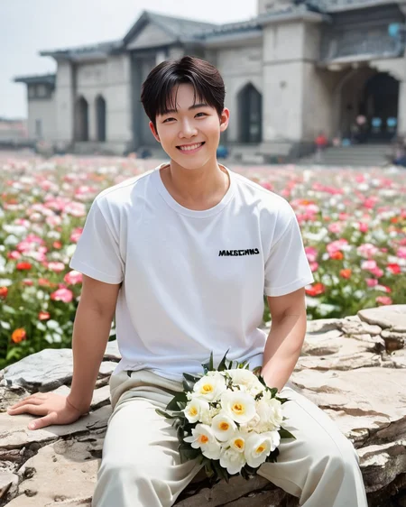 score_9, score_8_up, score_7_up, Korean, <lora:Expressive_H:1>, ((handsome man:1.2, light skin)), (focus male, solo:1.1), masterpiece, best quality,
The image features a young man sitting on the edge of a rock with a relaxed posture. He is dressed in a casual outfit that consists of white beige trousers and a matching beige jacket. Underneath the jacket, a white t-shirt is visible. The man is holding a small bouquet of flowers, which he seems to be presenting or offering.
He is slight smiling and looking directly towards the camera, conveying a sense of joy or anticipation. The man has short, dark hair and appears to be in his late teens or early twenties. The background of the image is out of focus but suggests an outdoor setting with architectural features like a building and a structure with a corrugated metal roof.
The style of the image is candid and appears to be a lifestyle or fashion photograph, with shallow depth of field that keeps the person in sharp focus while the background fades into soft colors. The lighting is bright and even, suggesting a sunny day. There are no texts visible in the image.
tae_dong, <lora:taedong-000018:1>, 20+, over 20 years old, taedong,