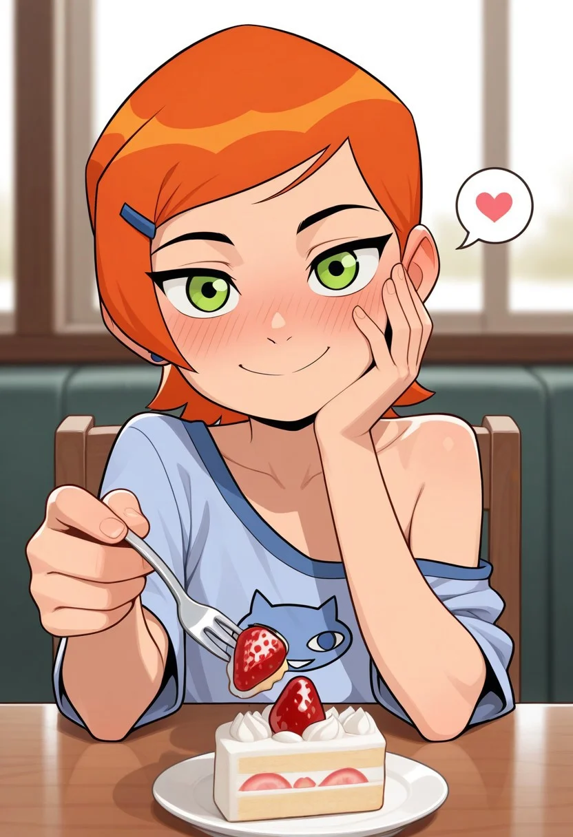 masterpiece, best quality, amazing quality, very aesthetic, high resolution, ultra-detailed, absurdres, newest,
Gwendolyn_Tennyson,1girl, solo, blushing, on a date, beautiful, off shoulder, collarbone,
<lora:GwenTen-Illus-13:1>
indoor, depth of field, table, cake, sitting, chair, looking at viewer, hand on own face, smile, holding fork, incoming food, strawberry, spoken heart,