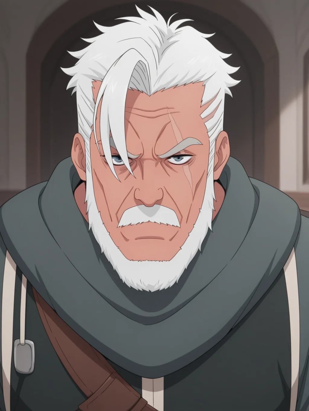 masterpiece, best quality, amazing quality, 1 boy, solo, male focus, Glen Garia, old man, scar, gray eyes, beard, old, white hair