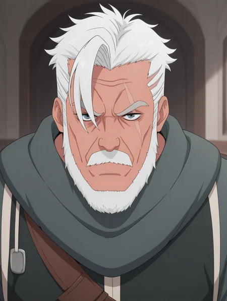 masterpiece, best quality, amazing quality, 1 boy, solo, male focus, Glen Garia, old man, scar, gray eyes, beard, old, white hair