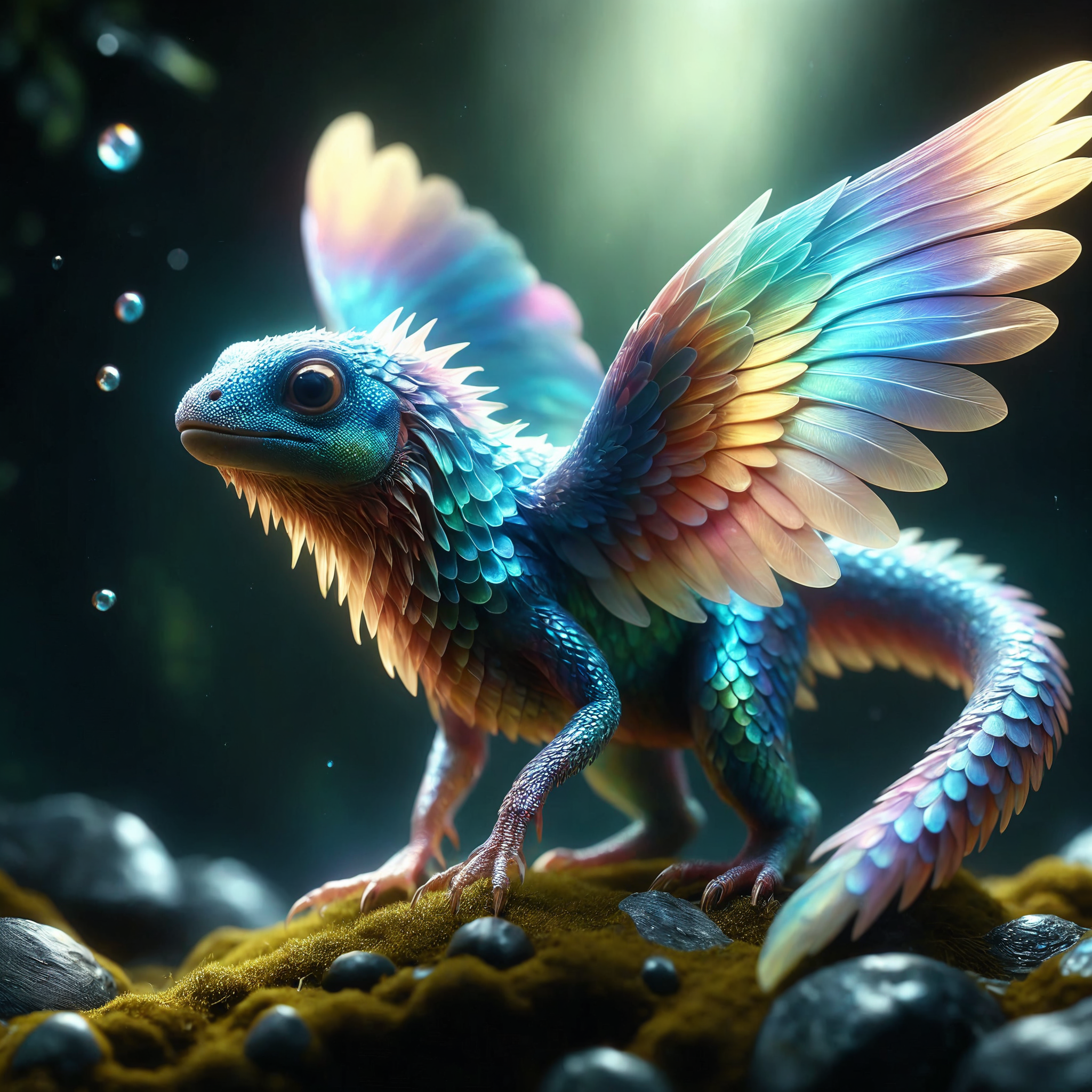 award-winning macro photo, (short depth of field:1.2), hyper realistic, neon hues, subsurface scattering, the diminutive "grotesque naggerflarb" covered in blue iridescent scales, is a (softly glowing:1.4) dimension traveling creature, its eglorpified (bioluminscent wings:1.2) help it navigate the crystalline wilderness on planet "flatooine i", with its translucent quizzleflarps it absorbs nutrients from its derpsurilized prey, (dappled sunlight:1.2), (movie poster style:1.2), (creature focus:1.1), golden ratio, realistic, highly detailed, 8k, uhd, p1nk1r1sc4l3s, 
<lora:style-iridescent_scales-xl-by_pinkielicious:0.68> 
<lora:add-detail-xl:1.6> 
<lora:midjourney_mimic-v2-xl-by_andrexsel:0.56>
<lora:lyco-style-envydramaticlightingxl01_digital_art-xl:0.56>