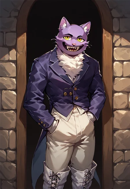 score_9,score_8_up,score_7_up, best quality, 1boy, solo, PocketCat, smile, sharph teeth, purple blazer, trousers, white boots, white gloves, standing, yellow eyes, in dungeon, male focus, hand in pocket,