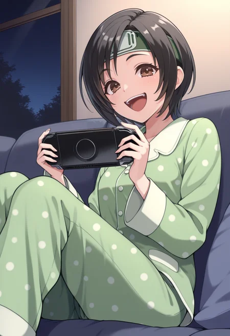 masterpiece, best quality, solo, 1girl, smile, looking at viewer, <lora:Yuffie-illus_Fp:1>, yuff7, short hair, black hair, brown eyes, forehead protector, green pajamas, polka dot pajamas, green pants, indoors, sitting, on couch, laughing, open mouth, holding handheld game console, happy, smile, playstation portable, night,