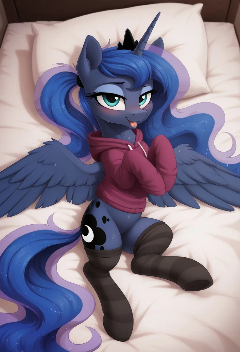 score_9, score_8_up, score_7_up, score_6_up, score_5_up, score_4_up, pony, g4, fluffy, fluffy ears, solo, pony, feral pony, princess luna, pigtails, spread wings, socks, hoodie, tongue, open mouth, bed, young, wet, smile, horny, on back, look at you, full body, blushing, backwards cutie mark, blushing, cute, glare, high res, lidded eyes, detail face, detail face