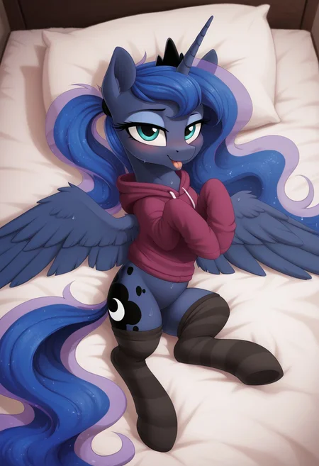 score_9, score_8_up, score_7_up, score_6_up, score_5_up, score_4_up, pony, g4, fluffy, fluffy ears, solo, pony, feral pony, princess luna, pigtails, spread wings, socks, hoodie, tongue, open mouth, bed, young, wet, smile, horny, on back, look at you, full body, blushing, backwards cutie mark, blushing, cute, glare, high res, lidded eyes, detail face, detail face