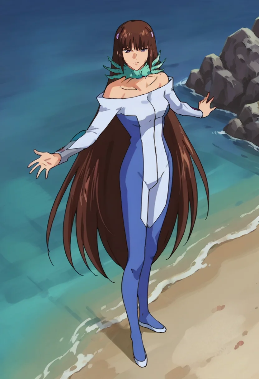 score_9,score_8_up,score_7_up,anime coloring BREAK source_anime,anime,<lora:ayase_terada_S-CRY-ed:0.8>,ayaset,1girl,solo,brown hair,very long hair,purple eyes,hair ornament,bare shoulders,off shoulder,bodysuit,neck tatoo,neck ornament,looking at viewer,standing,serious,outstretched arms,outdoors,ocean background,water,full body,